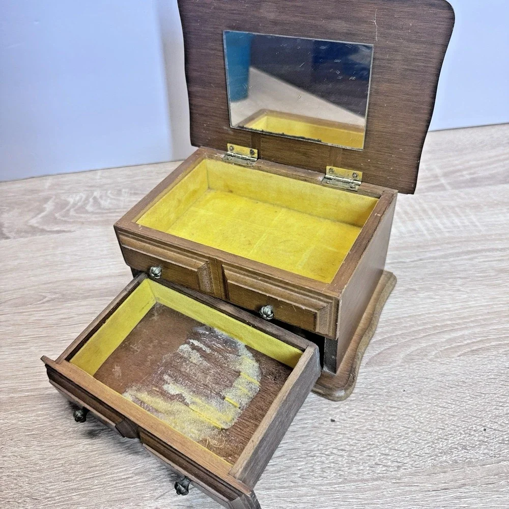 Wooden Jewelry Box Mini Chest 4 Drawer Mirror‎ Top Trinket Storage